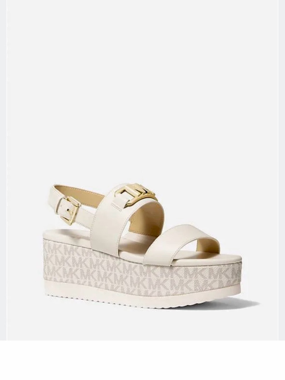MICHAEL KORS CAMILA CREAM GOLD LOGO FLATFORM PLATFORM SANDALS RESORT COASTAL Sz7